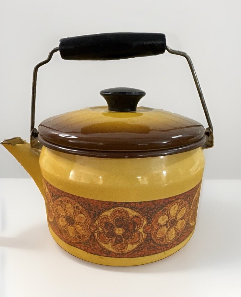 Vintage 70s Enamel Tea Kettle Yellow Brown Floral Retro Mid Century Cottagecore